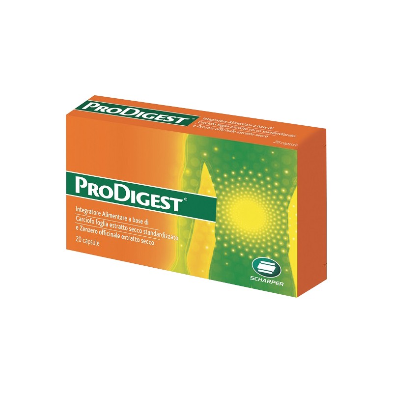 Scharper Prodigest 20 capsule: confezione integratore con carciofo e zenzero.